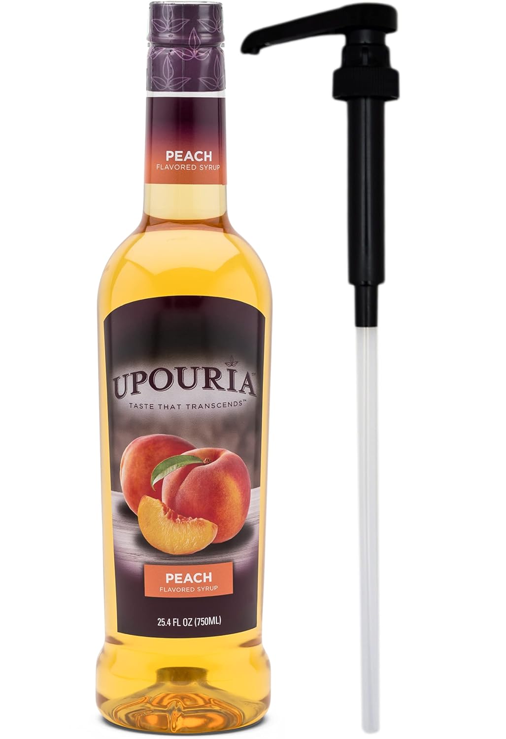 Upouria Peach Flavored Syrup, Great for Iced Teas, Sodas, Lemonades and Cocktails, 100% Vegan, Gluten-Free, Kosher, 750 mL Bottle - Syrup Pump Included