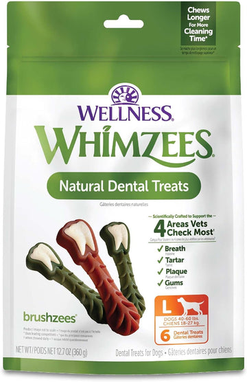 Whimzees By Wellness Brushzees Natural Dental Chews For Dogs, Long Lasting Treats, Grain-Free, Freshens Breath, Large Breed, 6 Count