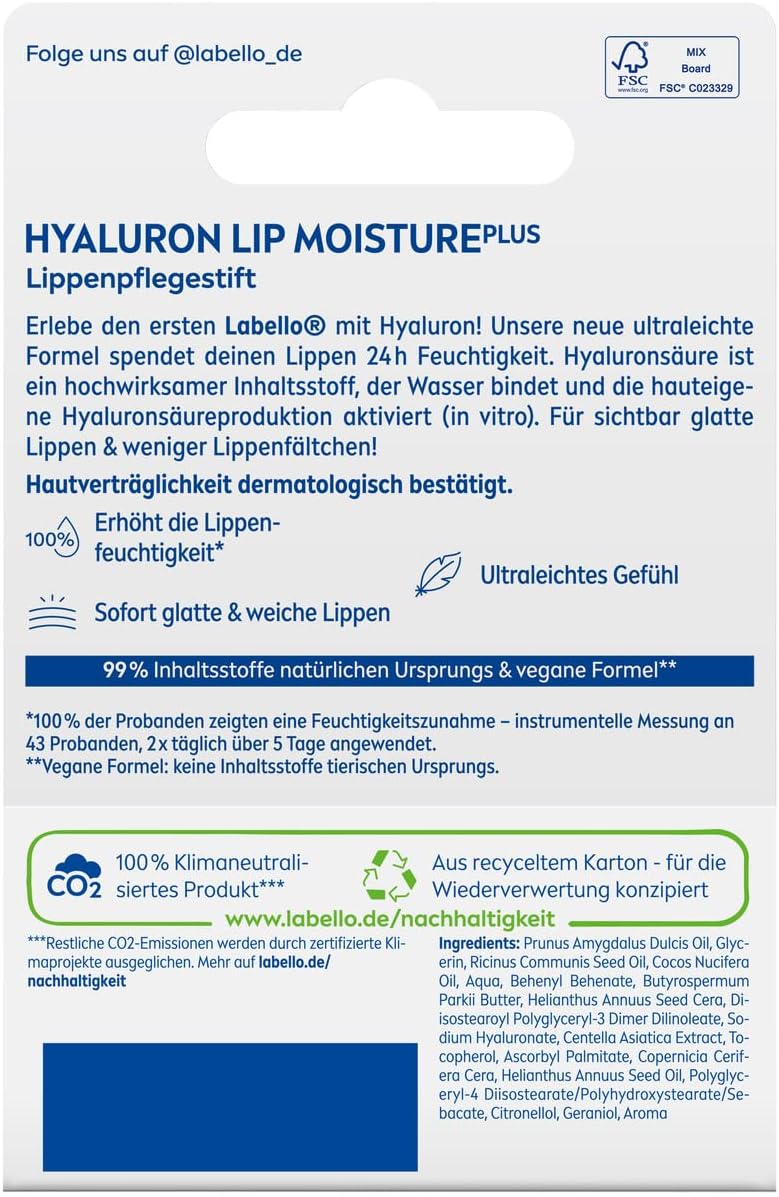 Labello Lip Balm With Hyaluronic Acid For 24-Hour Moisture, Lip Balm With Ultralight Texture, Lip Care For Soft Lips, Hyaluronic Lip Moisture Plus (5.2 Ml)