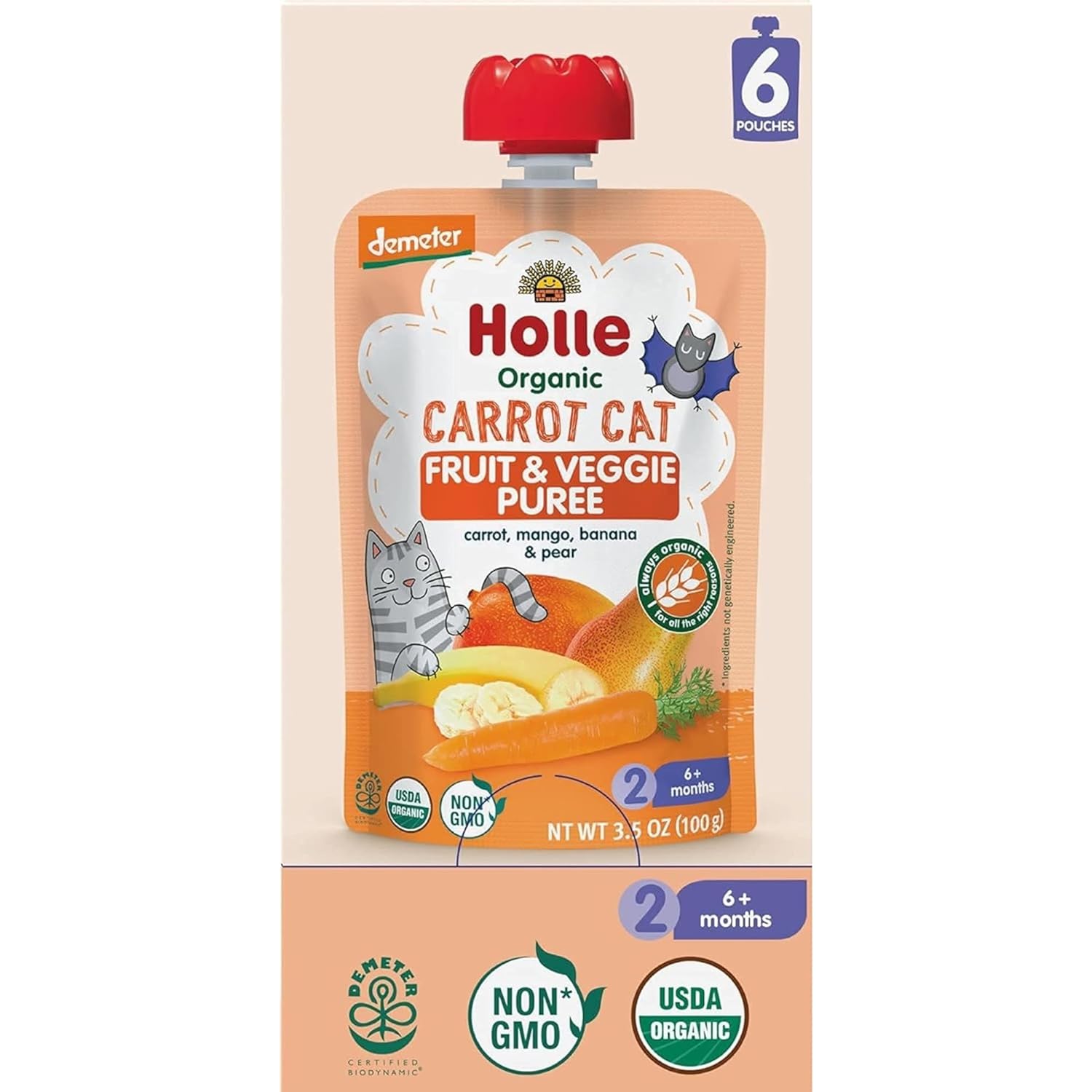 Holle Organic Baby Food Pouches - Carrot Cat Baby Puree with Carrot, Mango, Banana & Pear - (6 Pack) Organic Baby Snacks + Fruit and Veggie Pouches for Weaning Babies 6 Months and Older