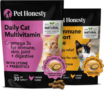 Pethonesty Cat Multivitamins + Cat Immune Support Lysine Dual Texture Chew Supplement Bundle - Supports Overall Immune Health, Joints, Skin & Coat, And Cat Allergy Relief - Sneezing, Runny Nose