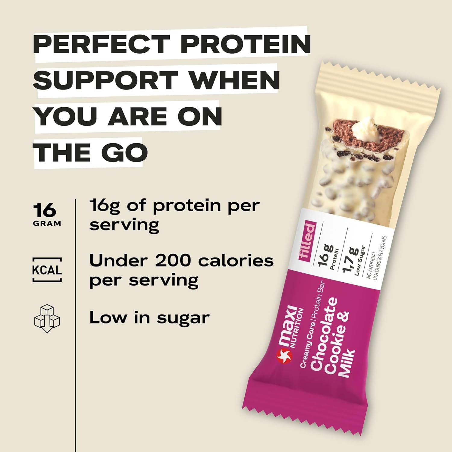 MaxiNutrition Creamy Core Protein Bar - Snack - Fat-Free, Low in Sugar - 16g Protein - Chocolate Cookie & Milk, 188 kcal per Serving, Maxi Nutrition 12 x 45g bar : Amazon.co.uk: Health & Personal Care