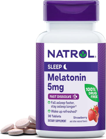 Natrol Melatonin Fast Dissolve Tablets, Helps You Fall Asleep Faster, Stay Asleep Longer, Easy To Take, Dissolves In Mouth, Strengthen Immune System, Strawberry Flavor, 5Mg, 30 Count