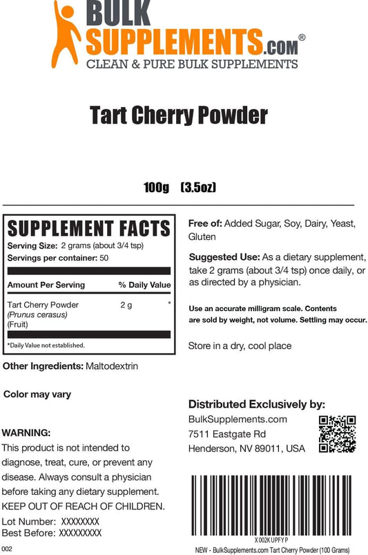 BULKSUPPLEMENTS.COM Tart Cherry Powder - Fruit Powder, Antioxidants Source - Gluten Free, No Added Sugar - 2000mg (2g) per Serving, 50 Servings (100 Grams - 3.5 oz)
