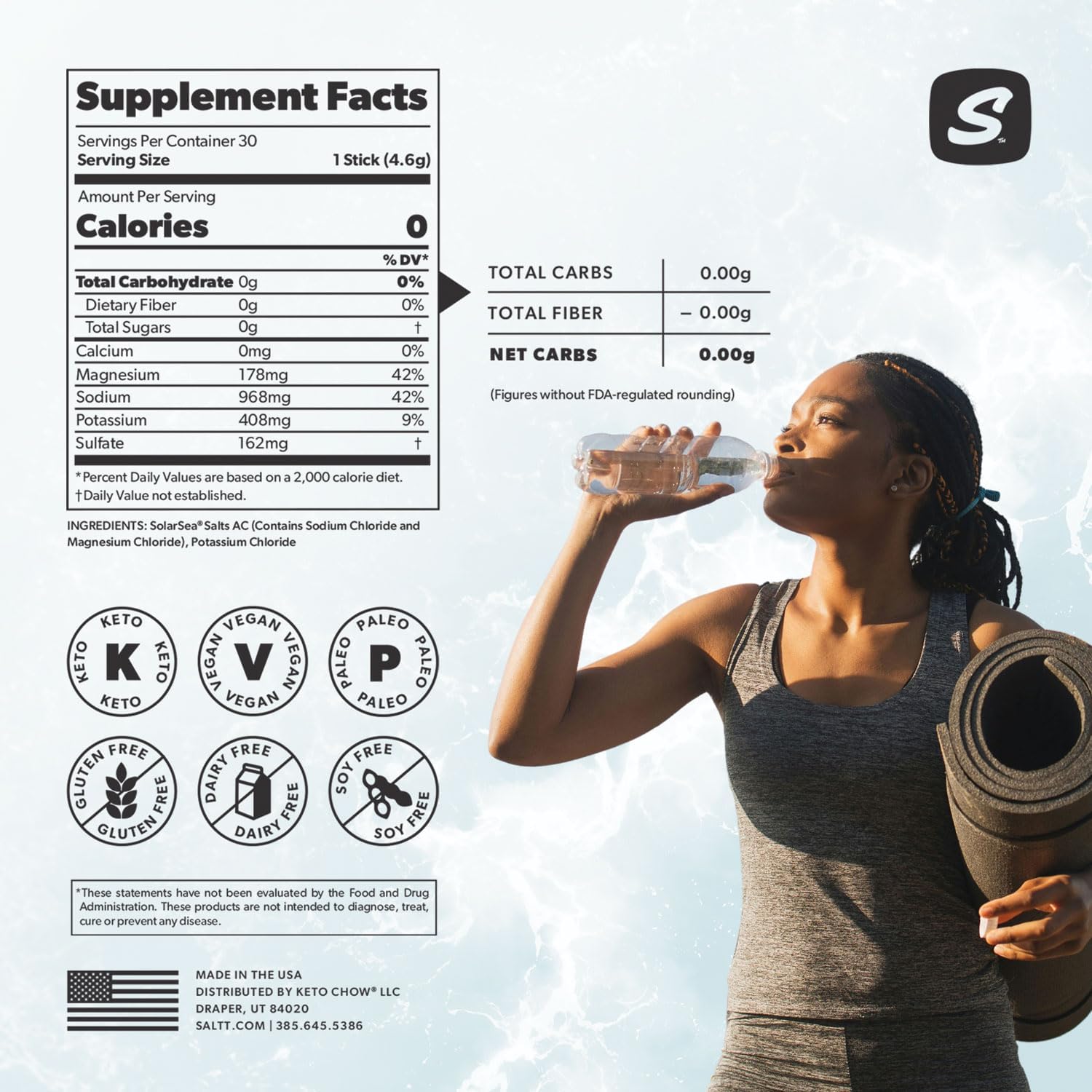 SALTT Electrolytes Powder Unflavored Drink Mix - Clean Slate - 30 Hydration Packets - Magnesium, Potassium, Sodium, Trace Minerals - Zero Sugar & Gluten Free - Travel Essentials - By Keto Chow : Health & Household