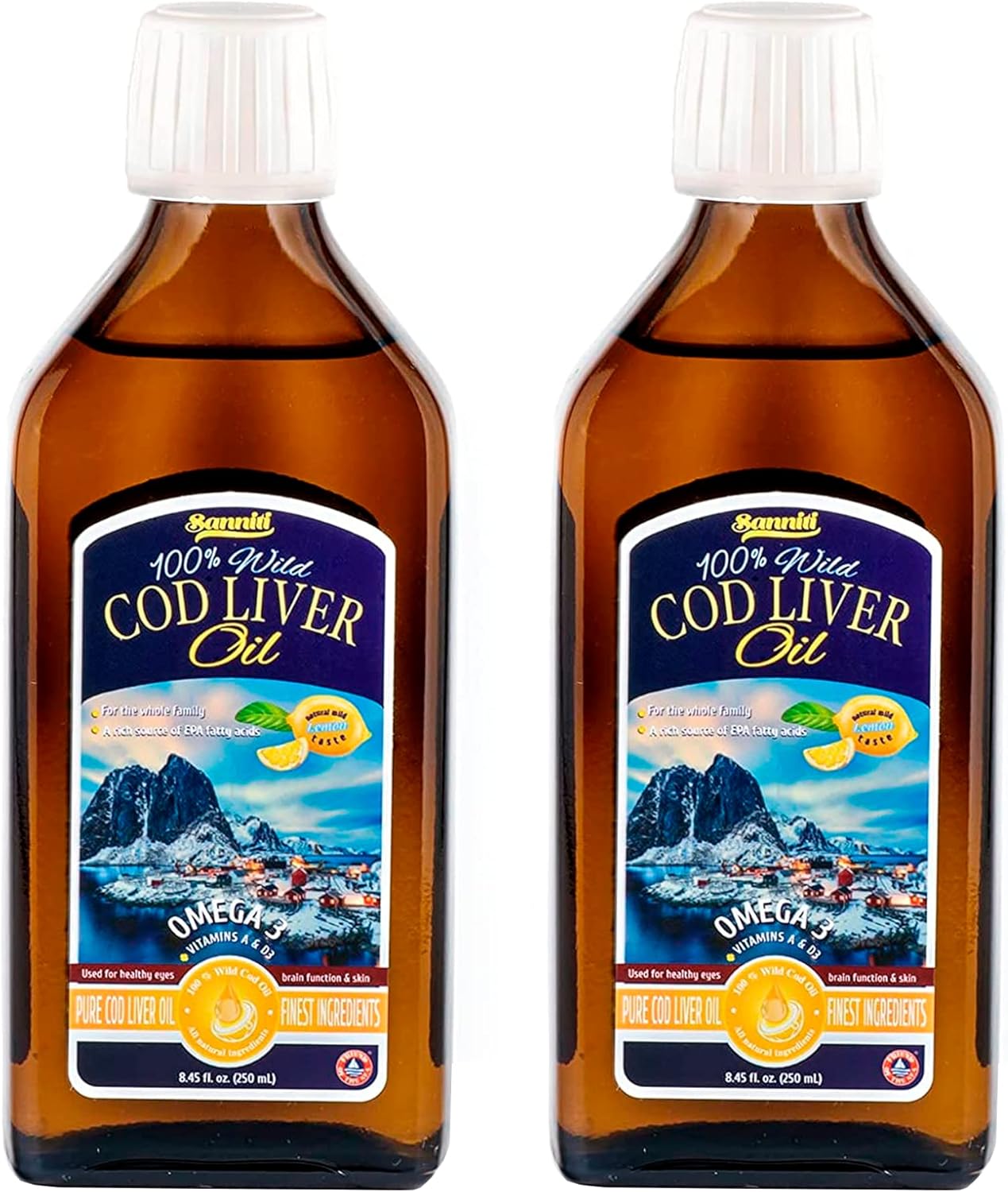Sanniti 100% Natural Cod Liver Oil, Wild Caught Nordic, 250 Ml (Pack Of 2) (Lemon)