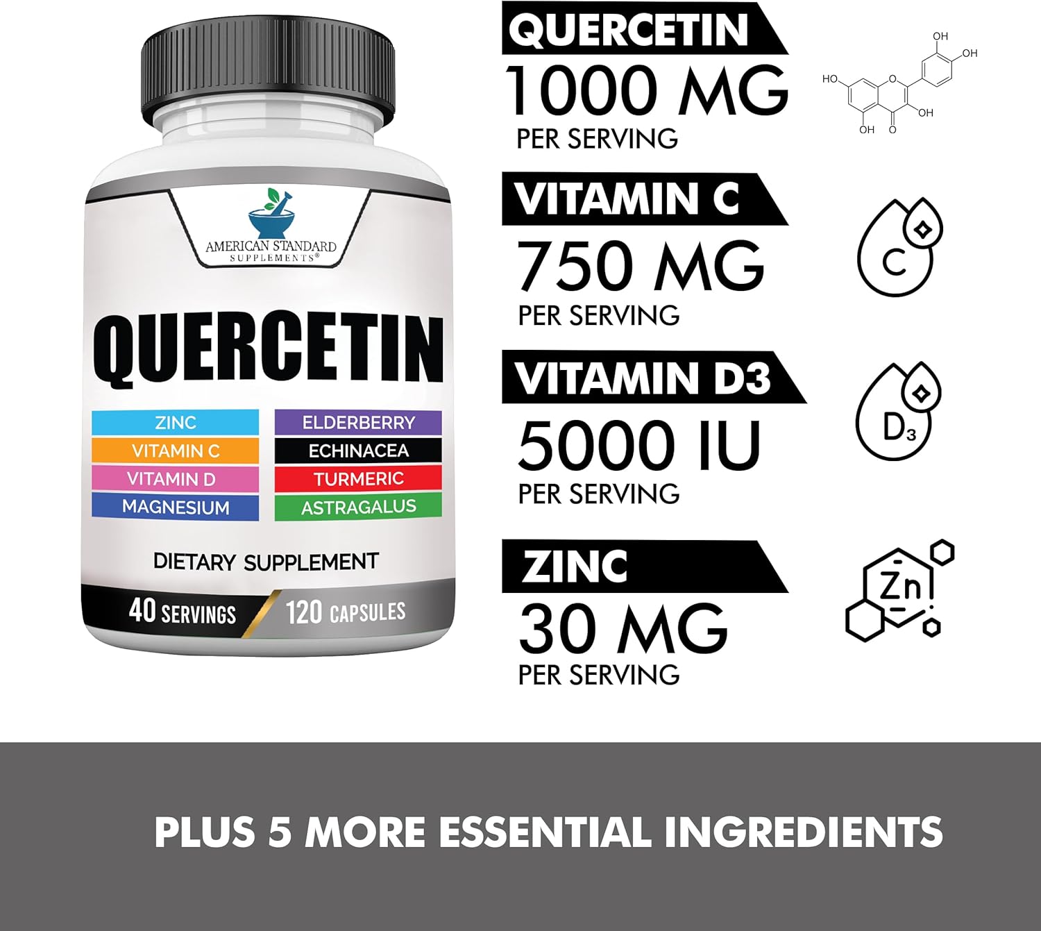 American Standard Supplements Quercetin 1000Mg Per Serving With Zinc, Vitamin C, Vitamin D3, Magnesium, Elderberry, Echinacea, Turmeric, Astragalus - Gluten Free, Non-Gmo, 120 Capsules, 40 Servings