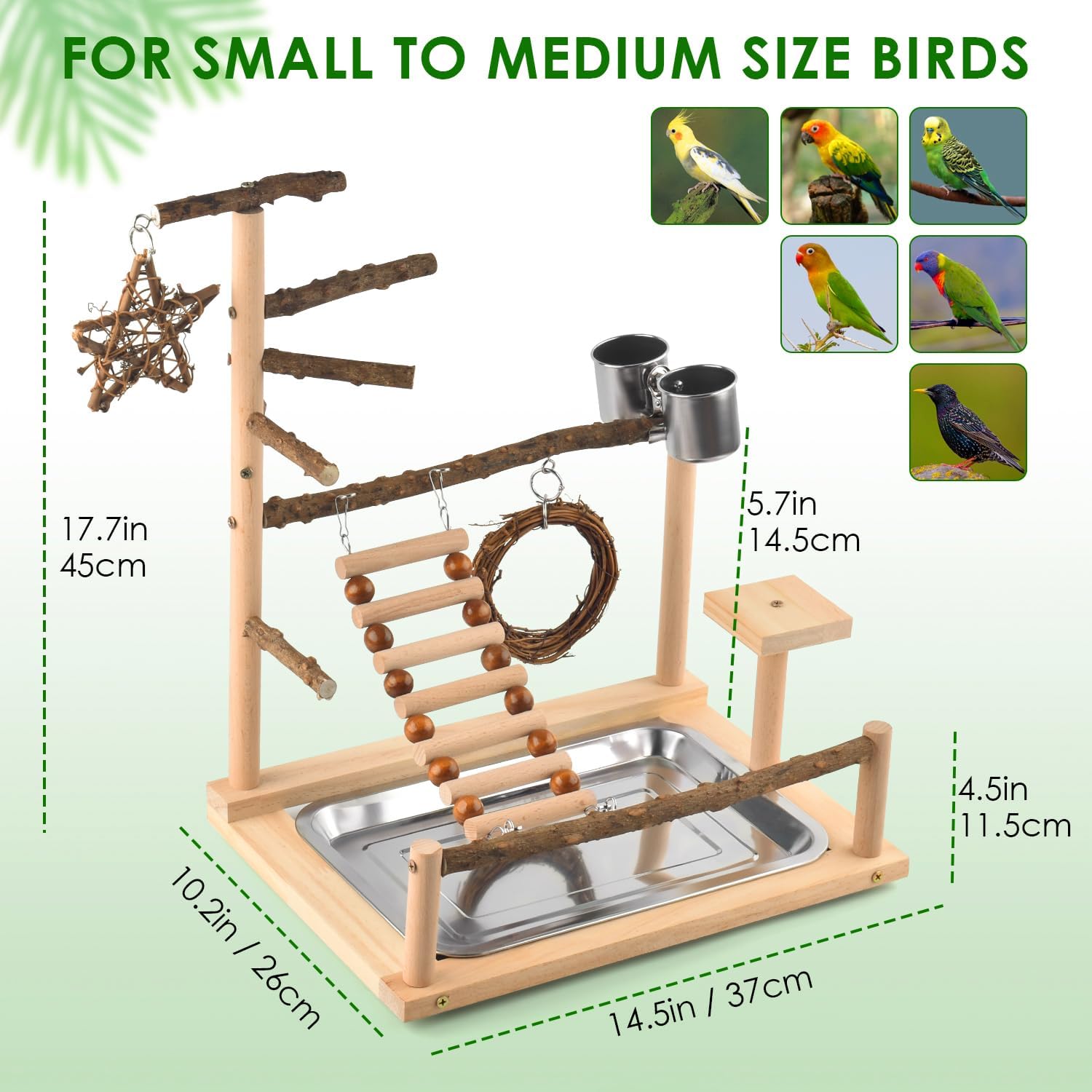 KATUMO Bird Playground Bird Perch Stand Natural Parrot Playstand Parakeet Platform Conure Swing Toy Cockatiel Ladder Bird Cage Toys with Removable Tray and 2 Stainless Steel Cups : Pet Supplies