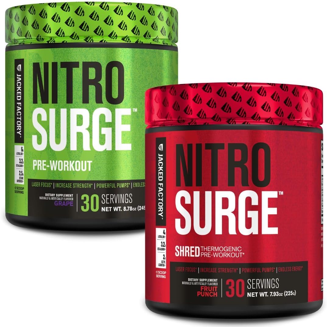 Jacked Factory Nitrosurge Pre-Workout In Grape & Fruit Punch Nitrosurge Shred Thermogenic Pre-Workout For Men & Women