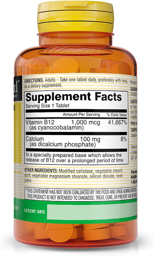 Mason Vitamins B-12 1000Mcg Cyanocobalamin Extended Release Tablets, 60-Count Bottles