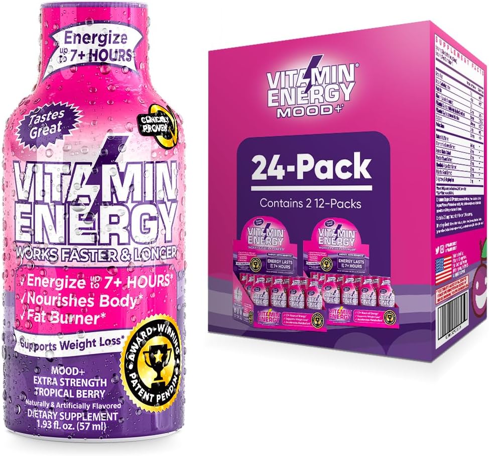Mood Support Vitamin Energy Drink - Sugar Free, Keto/Vegan Friendly Shots | Mood Balancing With Rhodiola And Chamomile | Energize Up To 7+ Hours | Tropical Berry - 1.93 Fl Oz - Pack Of 24