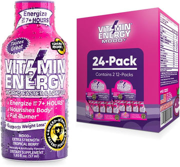 Mood Support Vitamin Energy Drink - Sugar Free, Keto/Vegan Friendly Shots | Mood Balancing With Rhodiola And Chamomile | Energize Up To 7+ Hours | Tropical Berry - 1.93 Fl Oz - Pack Of 24