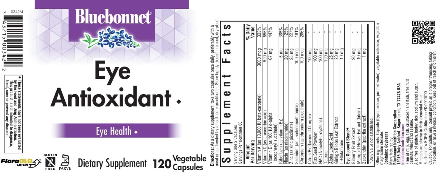 Bluebonnet Eye Antioxidant With Zeaxanthin Formula Vegetarian Capsules, 120 Vcaps : Health & Household