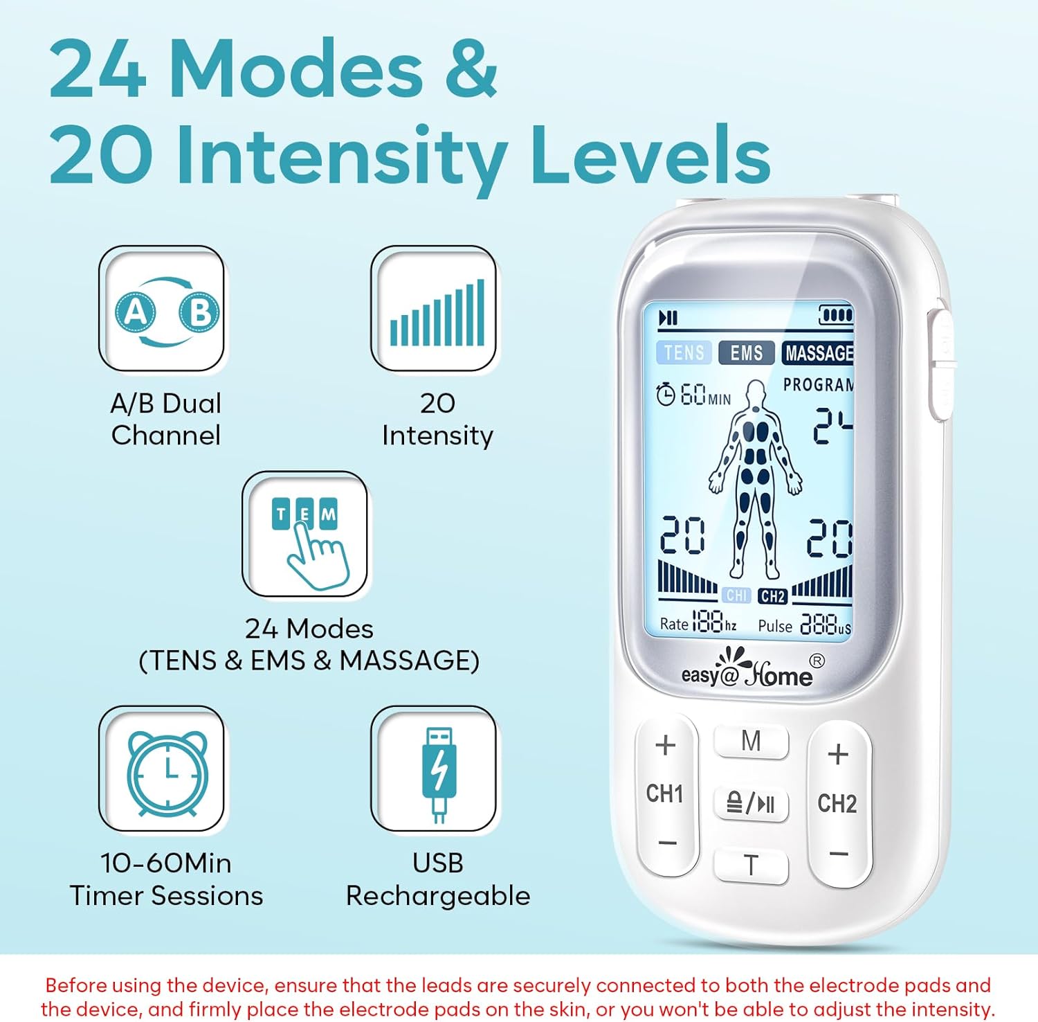 Easy@Home Electronic TENS Unit: Pain Relief Therapy - EMS Pulse Massager Rechargeable Machine - Dual Channel 24 Modes 20 Intensities 16 Pads TENS and Powered Muscle Stimulator EHE020 : Health & Household