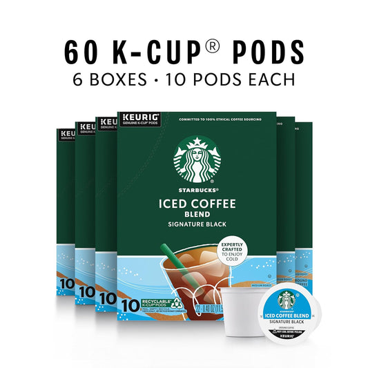 Starbucks K-Cup Coffee Pods, Medium Roast Iced Coffee Blend, Signature Black For Keurig Coffee Makers, 100% Arabica, 6 Boxes (60 Pods Total)