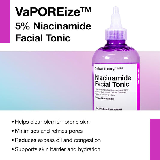 Carbon Theory Vaporeize Niacinamide Face Toner - Reduces Redness & Controls Sebum Production - Blemish Control Cleanser For Oily Skin - Exfoliating Skin Toner For Face - Vegan Facial Tonic - 250Ml