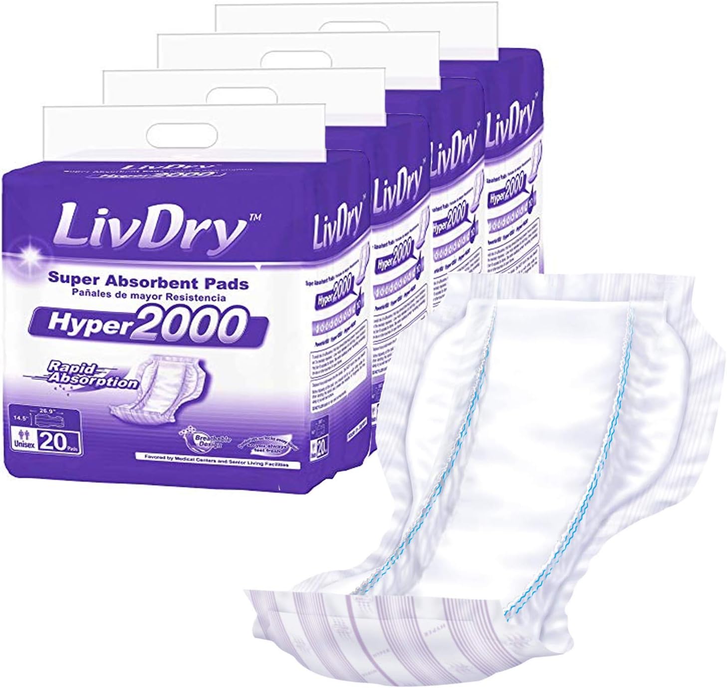 Livdry Incontinence Pad Insert For Men And Women | Extra Absorbency With Odor Control (Hyper 2000 (20 Count))