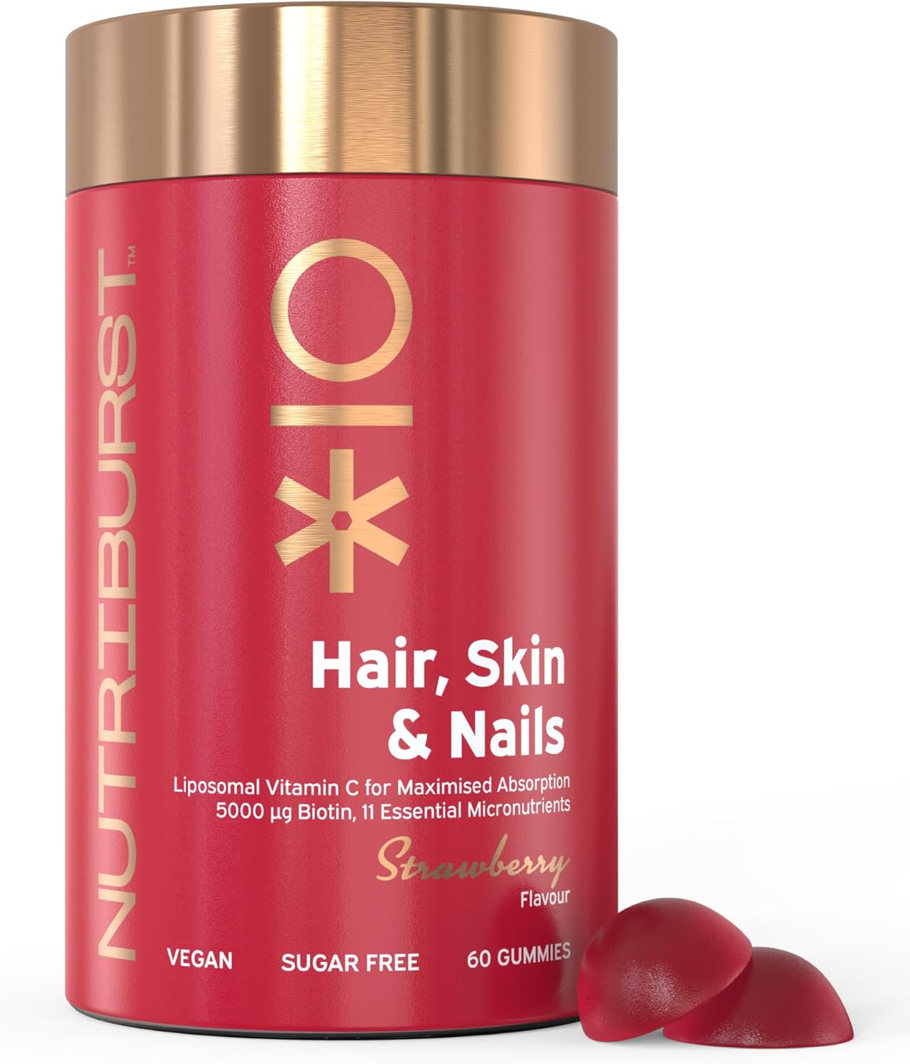 Nutriburst - Hair Skin And Nails Gummies - Biotin Zinc Vitamin E For Thicker Hair & Stronger Nails - Sugar Free Supplements - 60 Gummies 1 Month Supply - Suitable For Vegetarians & Vegans