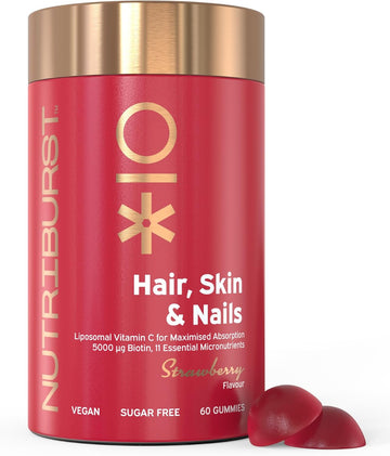 Nutriburst - Hair Skin And Nails Gummies - Biotin Zinc Vitamin E For Thicker Hair & Stronger Nails - Sugar Free Supplements - 60 Gummies 1 Month Supply - Suitable For Vegetarians & Vegans