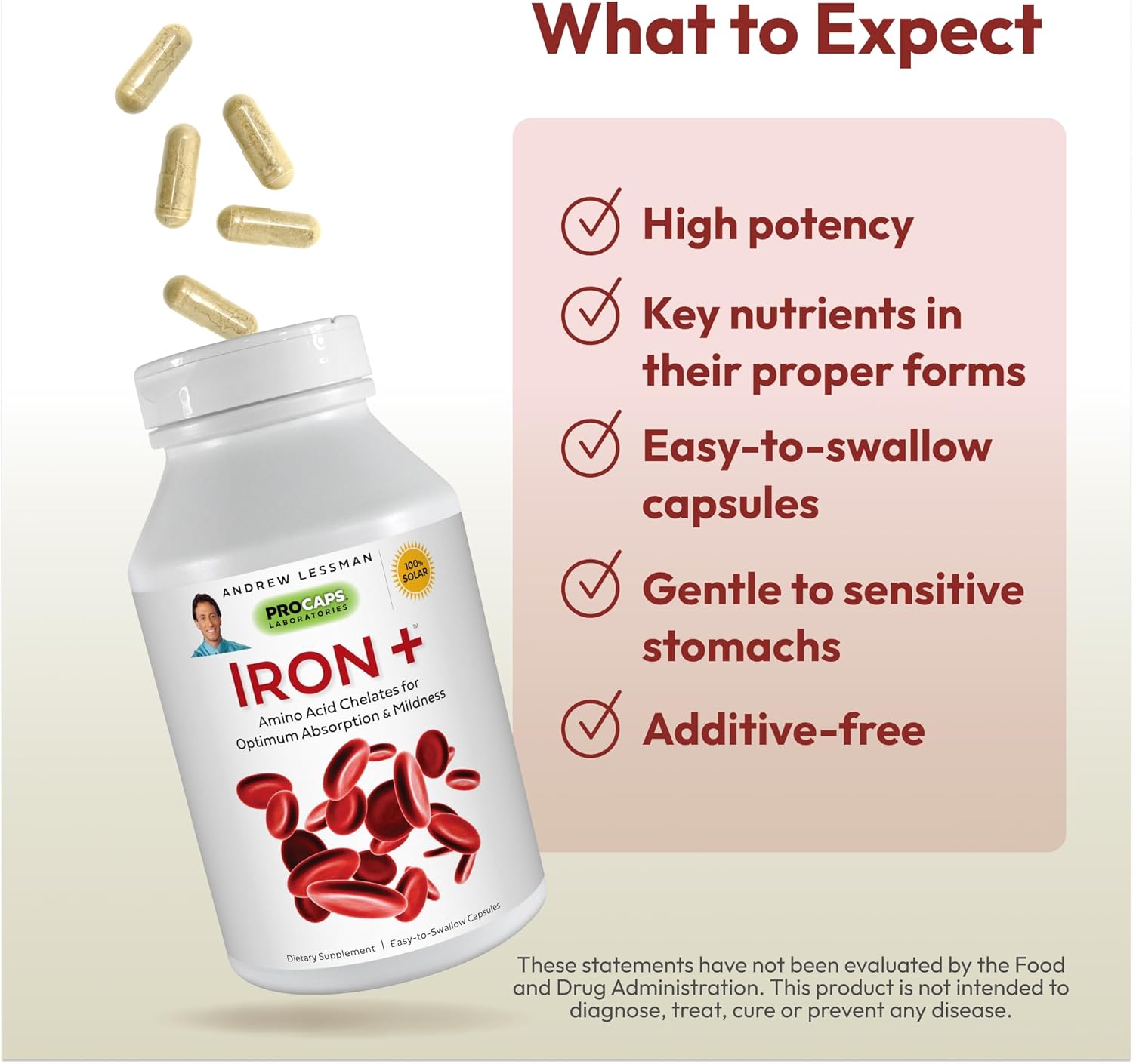 Andrew Lessman Iron Plus 180 Capsules – 18Mg Iron, 100% Pure Amino Acid Chelated Iron (Glycinate & Aspartate), Plus Vitamin C For Increased Absorption, Small, Easy To Swallow Capsules, No Additives