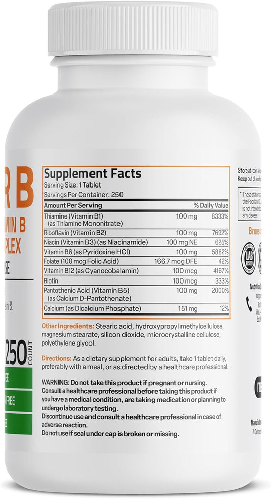 Bronson Super B 100 Vitamin B Complex Sustained Release Contains All B Vitamins (Vitamin B1, B2, B3, B6, B9 - Folic Acid, B12) Supports Energy Metabolism & Nervous System Health, Non-Gmo, 250 Tablets