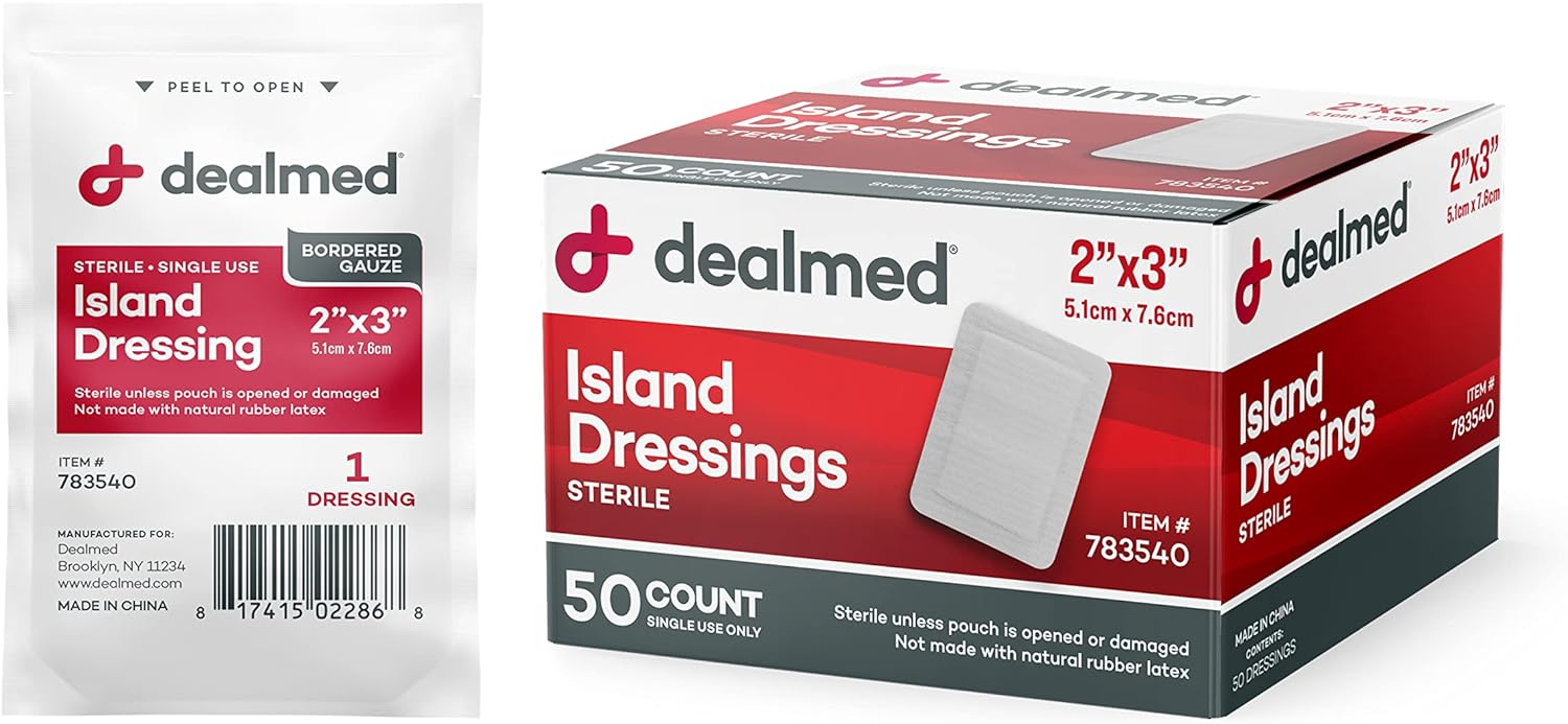 Dealmed Sterile Bordered Gauze Island Dressings – 50 Count, 2" X 3" Gauze Pads, Disposable, Latex-Free, Adhesive Borders With Non-Stick Pads, Wound Dressing For First Aid Kit And Medical Facilities