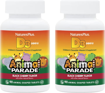 Natures Plus Animal Parade Vitamin D3 Children?s Chewables - Black Cherry Flavor - 90 Animal-Shaped Tablets, Pack of 2 - Gluten Free, Vegetarian, Hypoallergenic - 180 Total Servings