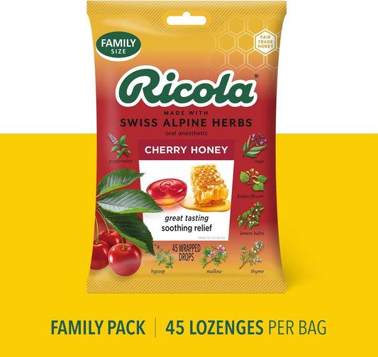 Ricola Cherry Honey Herbal Family Size Bag | Cough Suppressant Throat Drops | Naturally Soothing Long-Lasting Relief - 45 Count (Pack of 2)