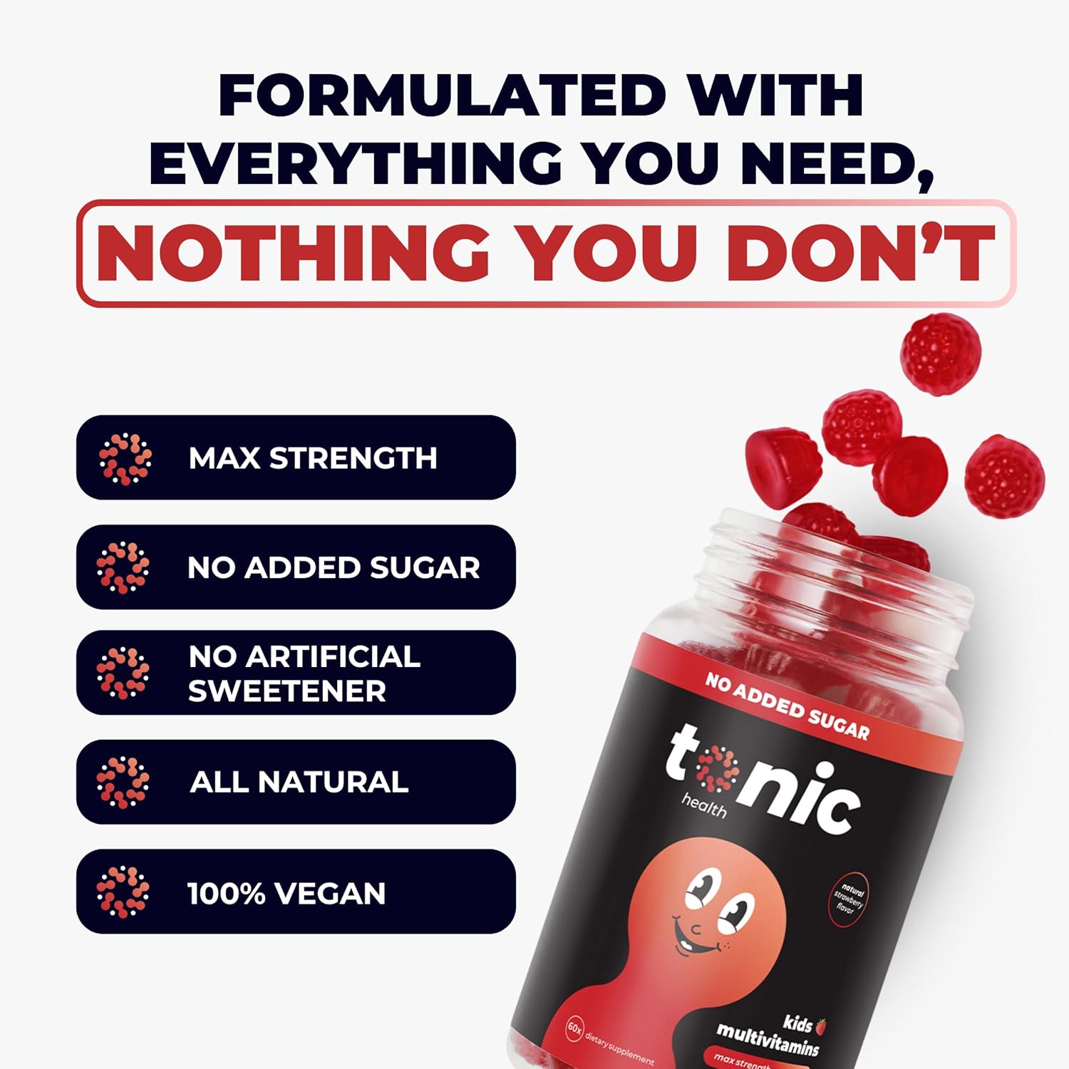 Tonic Health Kids Vitamins Gummies - 14 in 1 Kids Multivitamin with Vitamins A, C, D, E and Zinc, Strawberry Flavour, Month Supply (60 Count), Ages 3-12, No Added Sugar, No Sweeteners, Vegan : Amazon.co.uk: Health & Personal Care