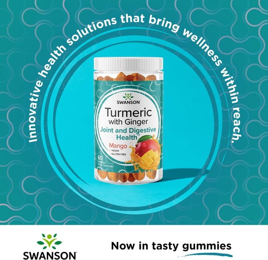 Swanson Turmeric with Ginger Gummies - All Natural Supplement Promoting Digestive & Immune System Health - Helps to Support Joint Function & Movement Ability - (Mango, 60 Gummies)