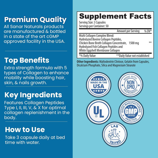 Sanar Naturals Collagen Multi Pills, Type I, Ii, Iii, V, X - Extra Strength Hair Skin And Nails Vitamins - Joint And Bone Support - Collagen For Women & Men, Collagen Peptides Supplement, 150 Capsules