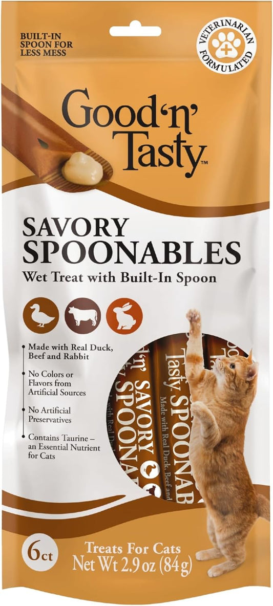 Good 'N' Tasty Savory Spoonables With Real Duck, Beef And Rabbit For Cats, 6 Count, Treat Your Cat To Triple Flavor Squeezable Lickable Wet Treats With Built-In Spoon For Less Mess