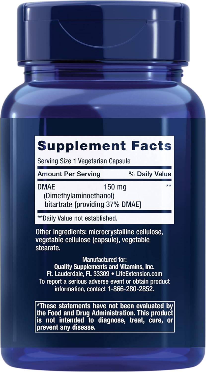 DMAE Bitartrate - Dimethylaminoethanol Supplement For Brain Health, Focus and Memory - Support Essential Neurotransmitter Choline Production - Non-GMO, Gluten-Free, Vegetarian - 200 Capsules