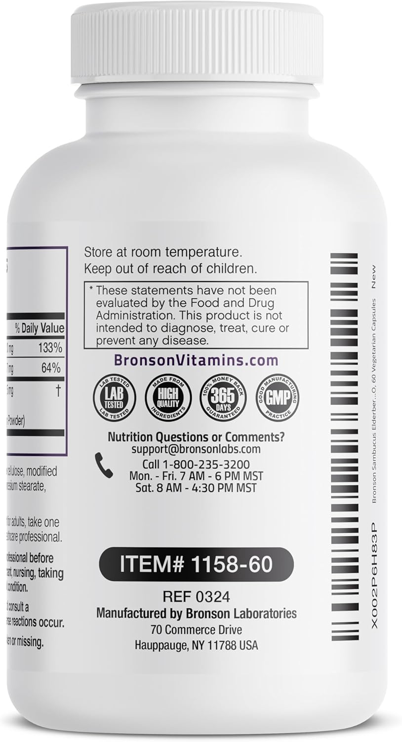 Bronson Sambucus Elderberry with Zinc & Vitamin C Triple Immune Support Complex Immune & Antioxidant Protection, Non-GMO, 60 Vegetarian Capsules : Health & Household