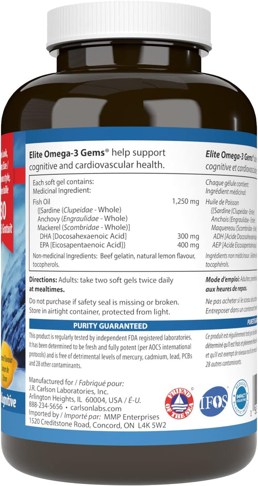 Carlson - Elite Omega-3 Gems,1600 mg Omega-3 Fatty Acids Including EPA and DHA,Norwegian, Wild-Caught fish oil Supplement,Sustainably Sourced Capsules, Lemon, 90+30 Softgels