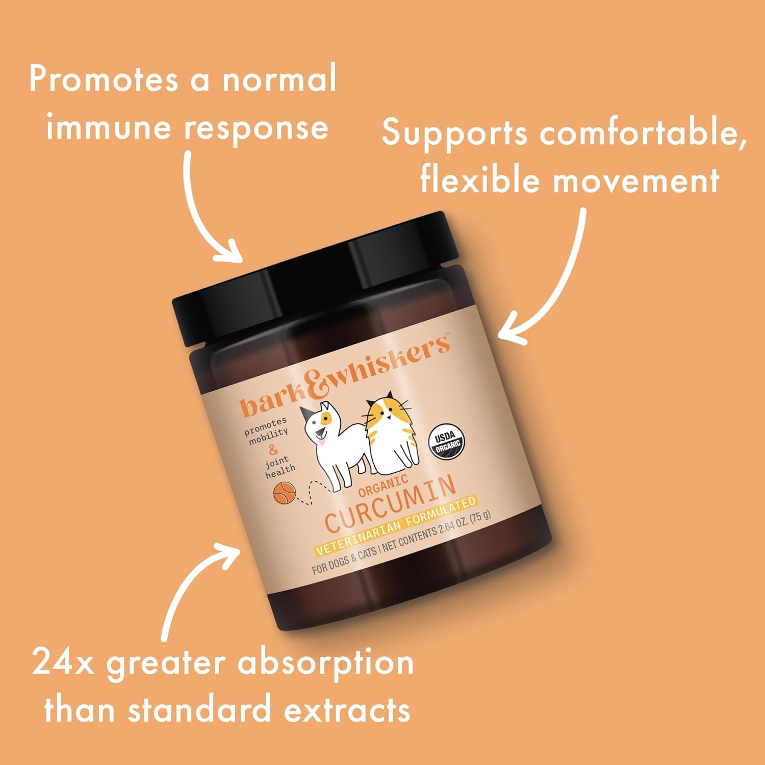 Bark & Whiskers Organic Curcumin, 2.64 Oz. (75 g), 300 Scoops, Promotes Mobility & Joint Health, Veterinarian Formulated, Non-GMO, Certified USDA Organic, Dr. Mercola : Pet Supplies