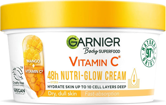 Garnier Body Superfood, Nutri Glow Body Cream, Vitamin C & Mango, For Dry & Dull Skin, Brightening & Glowing, Nourishing & Fast Absorbing, Vegan Formula, Approved By Cruelty Free International, 300Ml