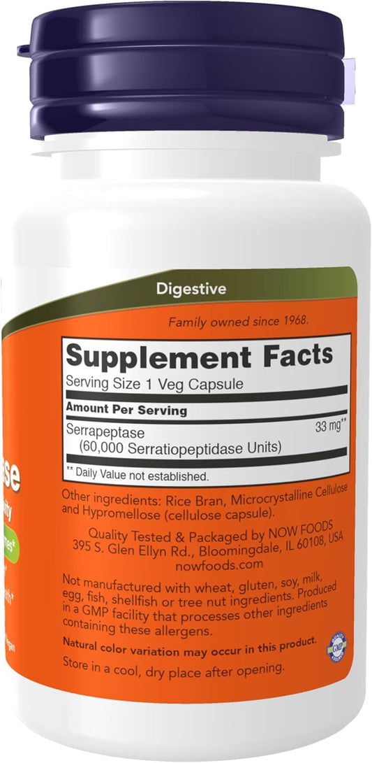 Now Foods Supplements, Serrapeptase 60,000 Units Of Activity, Promotes Respiratory Health And Immune Function*, 60 Veg Capsules