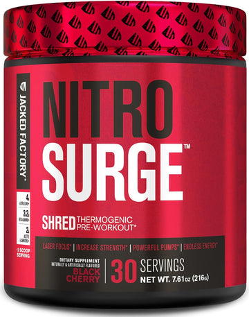 Jacked Factory Nitrosurge Shred Pre Workout Supplement - Energy Booster, Instant Strength Gains, Sharp Focus, Powerful Pumps - Nitric Oxide Booster & Preworkout Powder - 30Sv, Black Cherry