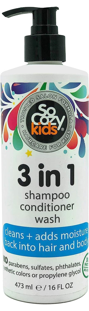 SoCozy 3 in 1 Kids Shampoo + Conditioner + Body Wash (16 Fl Oz) Gentle, Hydrating Hair & Body Cleanser with Keratin, Vitamin B5, & Kiwi Extract, Paraben & Sulfate-Free