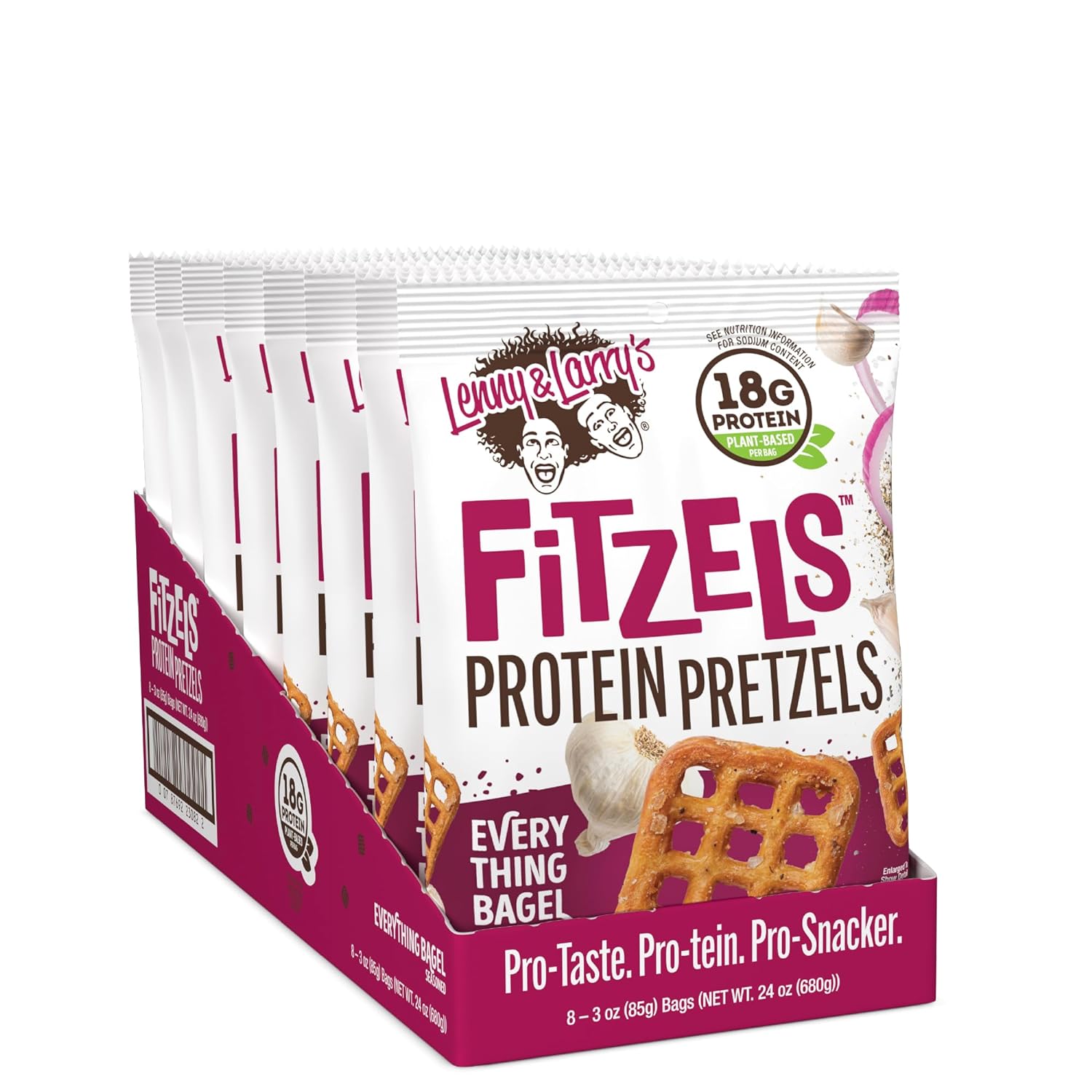 Lenny & Larry's Everything Bagel FITZELS- Savory Pretzel Snacks Incredibly Tasty, High Protein Salty, Vegan, Kosher 18 g's of Plant Based Protein 8 (eight) Bags, 3 oz Each