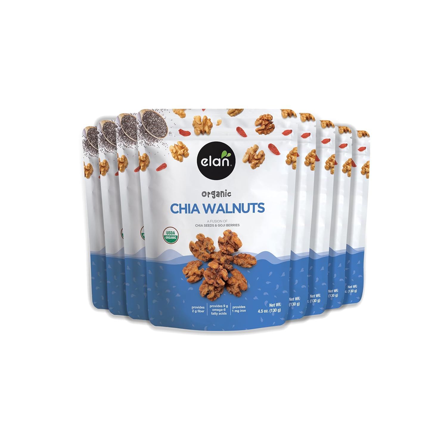 Elan Organic Chia Walnuts, Non-GMO, Gluten-Free, Vegan, Kosher, Healthy Snacks, Glazed Nuts with Chia Seeds, Goji Berry Powder & Himalayan Pink Salt, Superfood Infused Nuts, 8 pack of 4.5 oz
