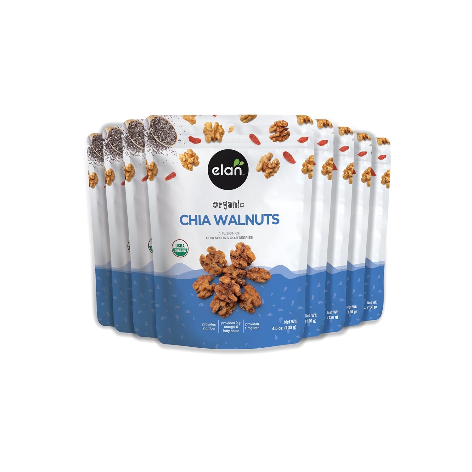 Elan Organic Chia Walnuts, Non-Gmo, Gluten-Free, Vegan, Kosher, Healthy Snacks, Glazed Nuts With Chia Seeds, Goji Berry Powder & Himalayan Pink Salt, Superfood Infused Nuts, 8 Pack Of 4.5 Oz