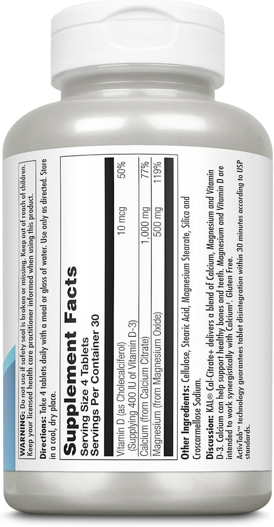 Kal Cal-Citrate+, Calcium Citrate Plus Vitamin D-3 And 500 Mg Of Magnesium, Healthy Bones And Teeth Support, Gluten Free And Lab Verified For Quality, 30 Servings, 120 Tablets