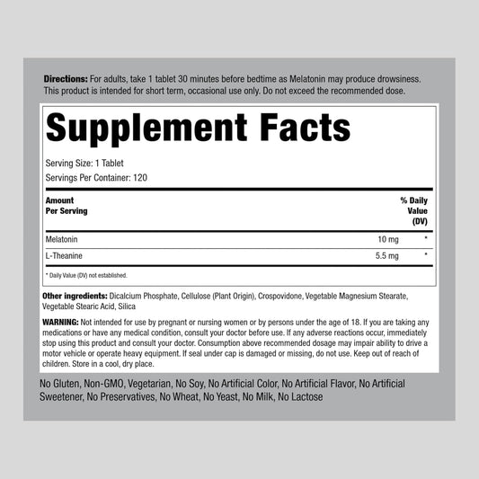 Piping Rock Melatonin 10mg | 120 Tablets | with L-Theanine | Adult Sleep Supplement | Extra Strength Formula | Vegetarian, Non-GMO, Gluten Free