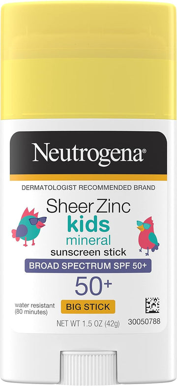 Neutrogena Sheer Zinc Oxide Kids Mineral Sunscreen Stick, Broad Spectrum SPF 50+ & UVA/UVB Protection & Water Resistant with Residue-Free, No-Mess Application, Oil- & Paraben-Free, 1.5 oz