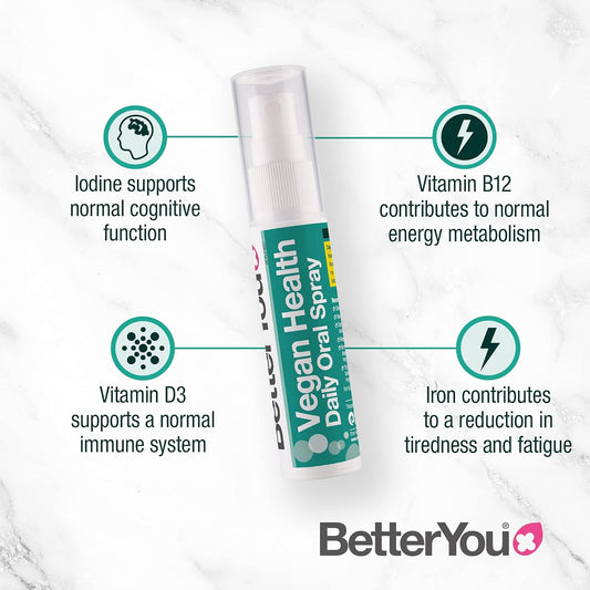 Betteryou Vegan Health Daily Oral Spray, Pill-Free Vitamin Supplement For Vegans, Contains Vitamin D, Vitamin B12, Iron And Iodine, 48-Day Supply, Made In The Uk, Natural Mixed Berries Flavour