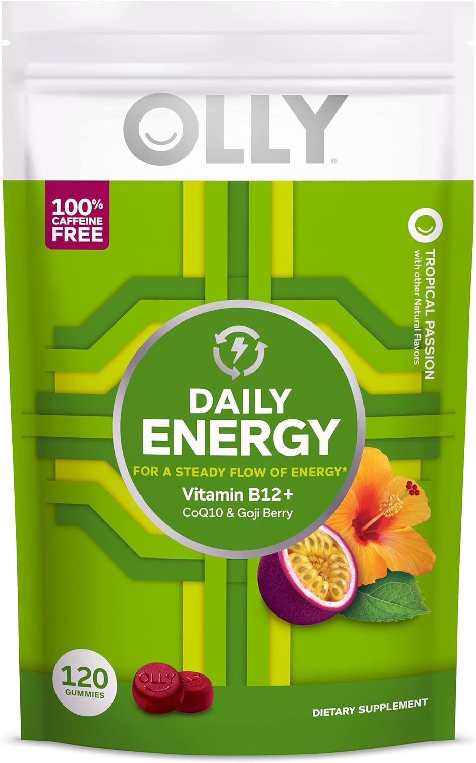 Olly Daily Energy Gummy, Caffeine Free, Vitamin B12, Coq10, Goji Berry, Adult Chewable Supplement, Tropical Flavor - 120 Count Pouch