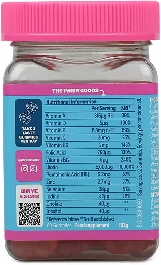 Solv Hair, Skin N’ Nails Vegan Gummies 5000Mcg Biotin With Vitamin A, D, E, C, B6, Zinc And Minerals | Healthy Hair, Skin Support, Strengthen Nail 60 Vegan Gummies (Blueberry And Raspberry Flavour)