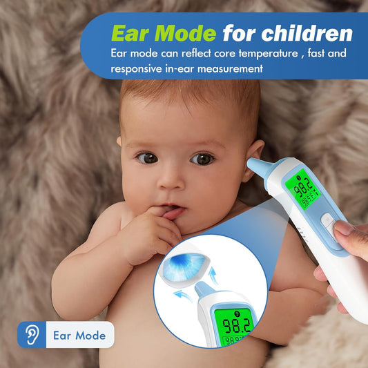 Ear Thermometer for Baby, ELERA Infrared LCD Thermometer with Automatic Switching Mode of Ear & Forehead, 1s Measurement, 4 Color Backlight Display with Fever Indicator